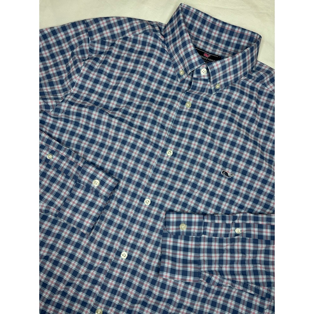 Vinyard Vines Performance Classic Fit Tucker Shirt Blue Plaid Large Nylon